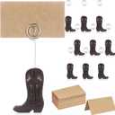Havawish 10 Set Wooden Cowboy Boot Place Card Holders and Kraft Place Cards Double Sided Pattern Cowboy Boot Table Number Photo Holder Menu Memo Clip Decoration for Wedding Party Favor (Dark Brown)
