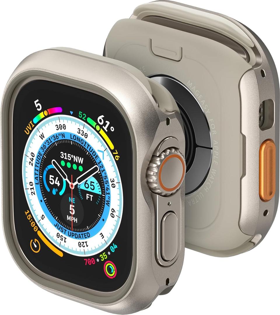 MAGEASY Aircraft-Grade Aluminum Rugged Case for Apple Watch Ultra 2, Apple Watch Ultra 49mm | 2 in 1 Metal Hard Shell with Shockproof Inner Bumper for Max Protection, Odyssey - Titanium