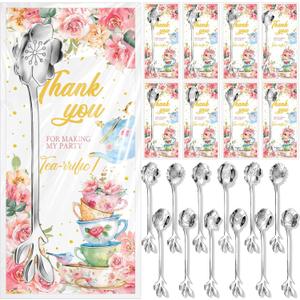24 Set Tea Spoon Party Favors Sliver Tea Spoons Bulk 8 Style Flower Teaspoon with Thank You Cards Gift Bags Stainless Steel Dessert Coffee Spoons Bar for Bridal Shower Guest Souvenir Gift