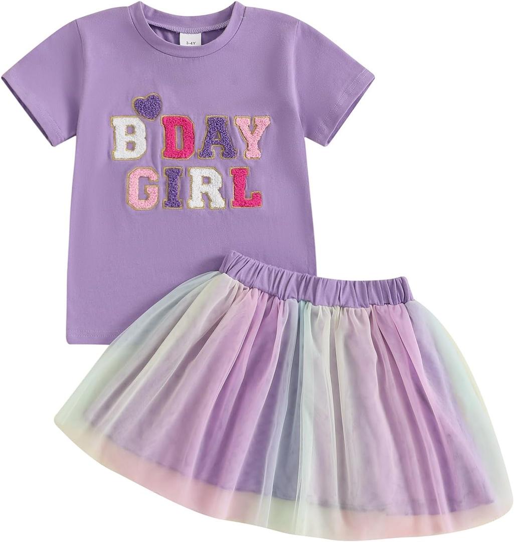 Kayotuas Toddler Baby Girl Birthday Outfit Birthday Girl T Shirt Tutu Tulle Skirts Kids Girls Cake Smash Dress Summer Clothes (6-7 Years, Purple)