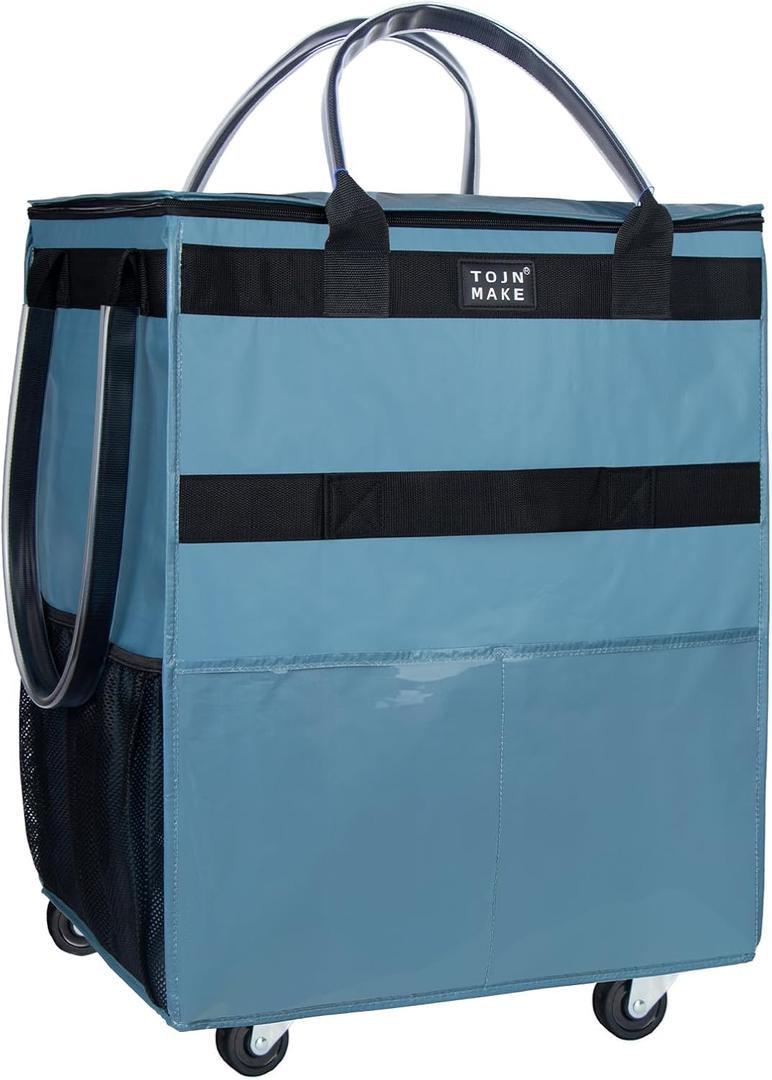 Reusable Grocery Bag On Wheels (Large, Blue) Shopping Trolley with 8 Pockets and Zipper Cover Foldable Rolling Tote, Heavy Duty Handles, Carries Up to 66 LBS