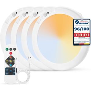 Combuh 4-Pack Battery Powered Motion Sensor Light, 7.48" IP44 Waterproof Shower Lamp Without Wiring, Ultra Thin 3 Colors Adhesive Overhead Lightting for Garage, Bedroom, Kitchen, Portable