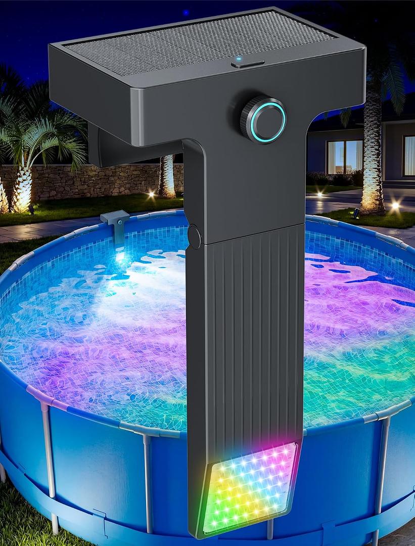 POOLHOUR Solar Pool Lights for Above Ground Pools (Metal Frame Only), LED Above Ground Pool Light with Remote & Timer, Submersible Underwater Lighting, 10-Color RGB 4-Mode Poolside Solar Light, 1 Pack