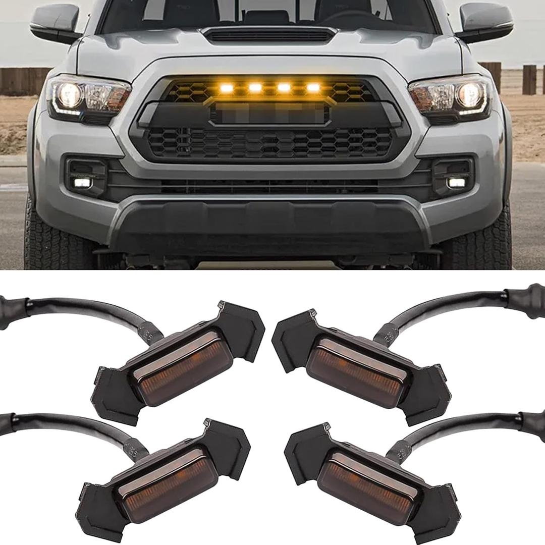 4Pcs LED Grille Lights Waterproof Amber LED Front Grille Lamp for Toyotaa Grille Light 2016-2019 Tacoma TRD Pro Grille with Wiring Harness Fuse Adapter (4pc)