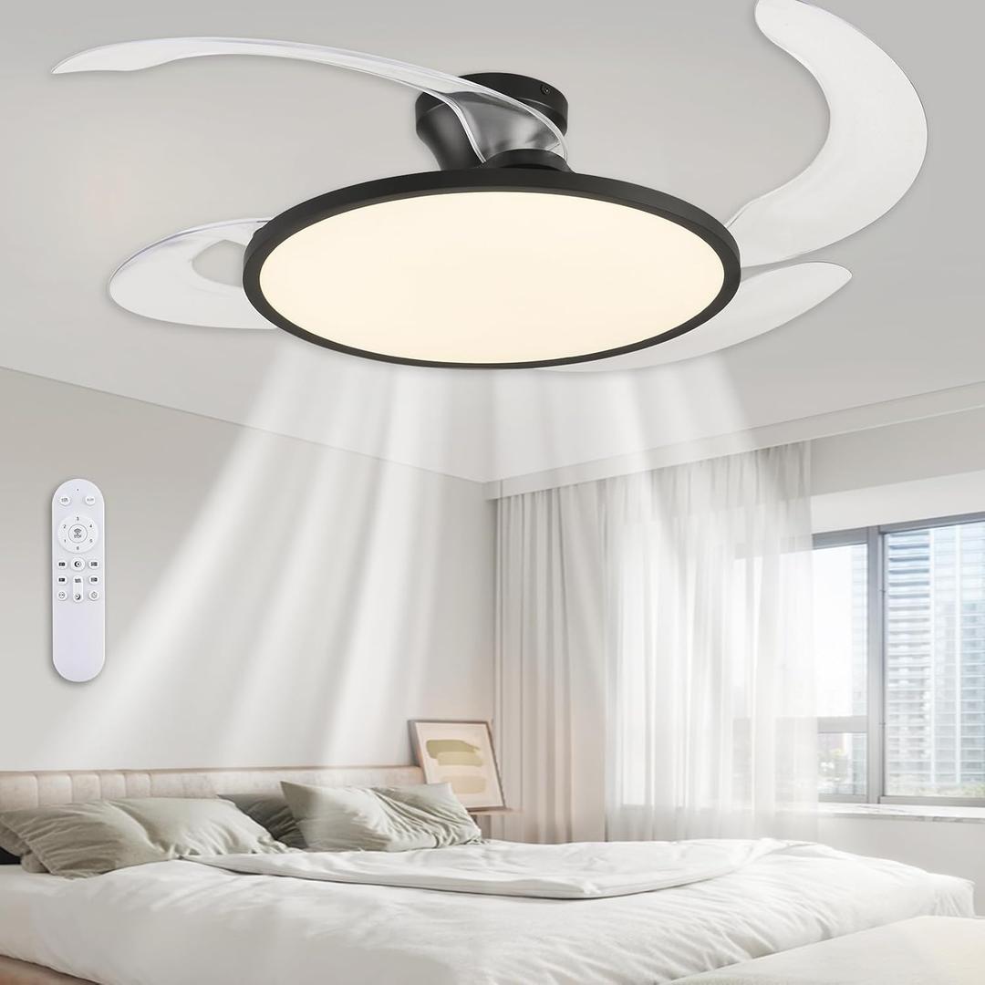 48 Inch Retractable Ceiling Fan,Low Profile Ceiling Fan with Light and Remote,Modern Black Fan with Retractable Blades for Dinning Room Living Room Bedroom,Dimmable,Timer Setting
