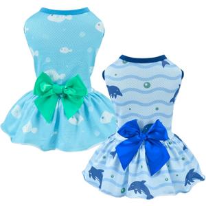 2-Pack Dog Summer Dress Breathable Puppy Cat Dresses with Bowknot Pet Summer Cool Outfits Skirts with Sea Fish Dolphin Patterns for Small Medium Dogs, M
