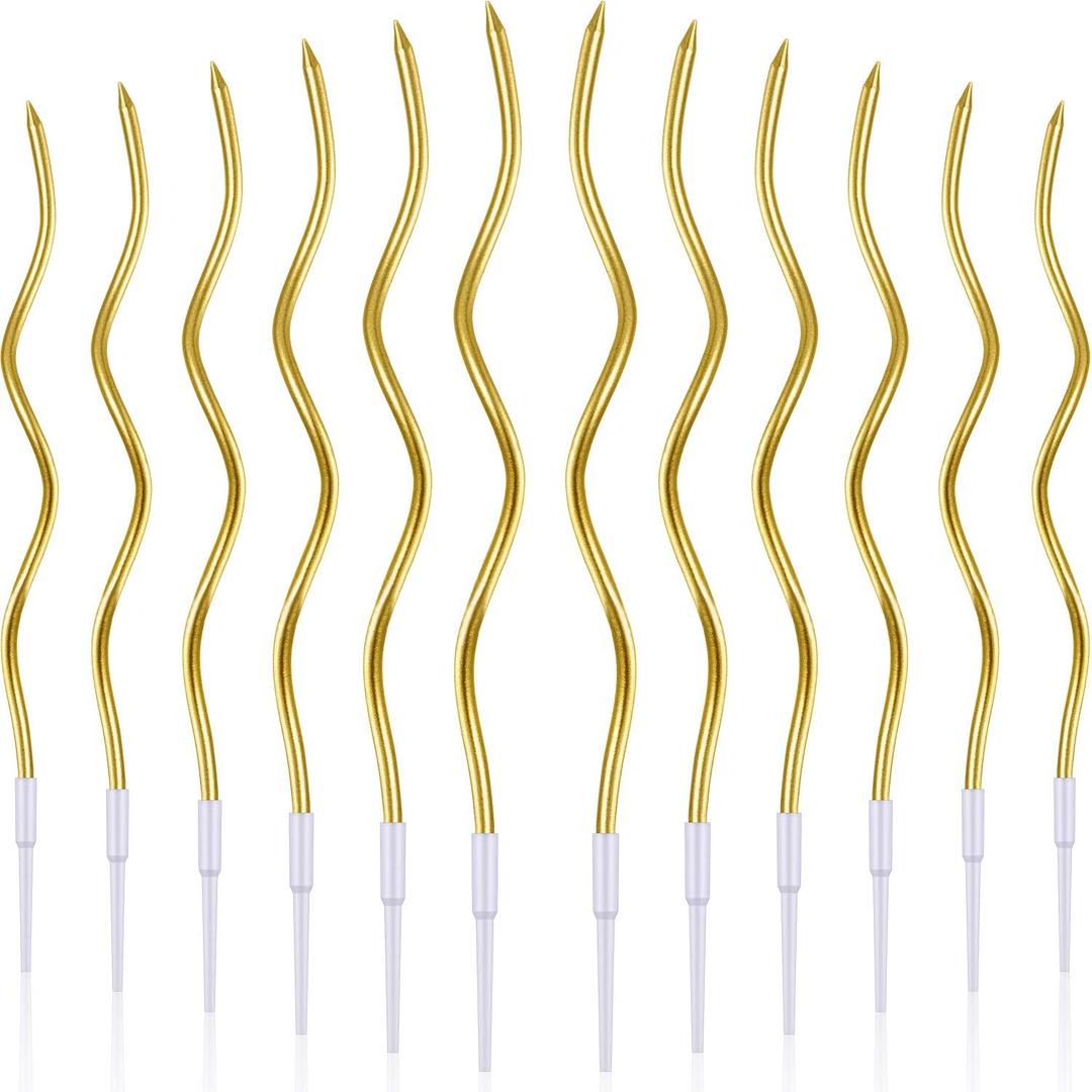 BBTO 12 Pcs Twisted Birthday Candles Spiral Metallic Cupcake Thin Long Cake Candles with Holders for Birthday Wedding Party(Gold)