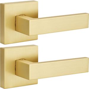 EHOMEWARE 2 Pack Gold Dummy Door Handles, Interior Door Lever Single Sided Rear Mount, Heavy Duty Satin Brass French Closet Door Knobs