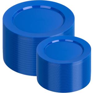 I00000 200 Pcs Plastic Plates, Plates Disposable Blue Party Plates Include 100 Blue Dinner Plate 10’’ and 100 Plastic Dessert Plate 7’’ Perfect for Wedding, Party