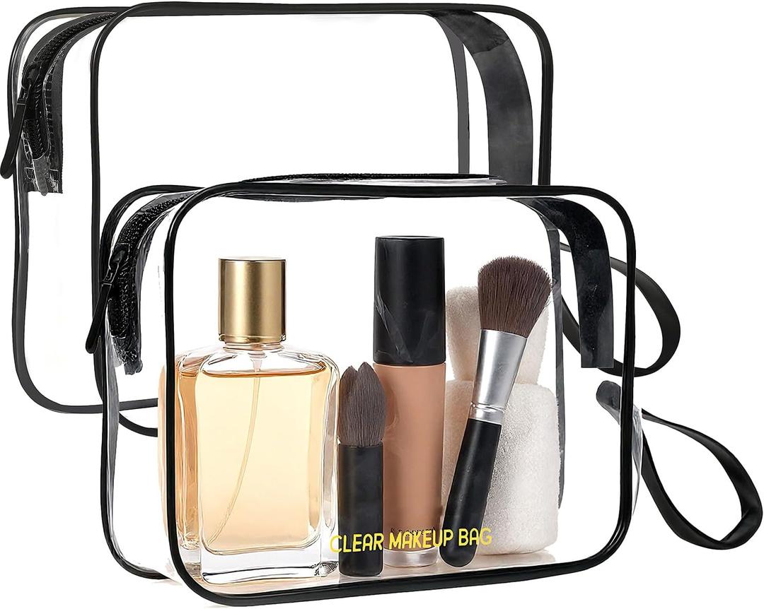 Clear Makeup Bag,2 Pack TSA Approved Toiletry Bag Travel Toiletry Bag Hanging Makeup Cosmetic bag for Women Men (Black).