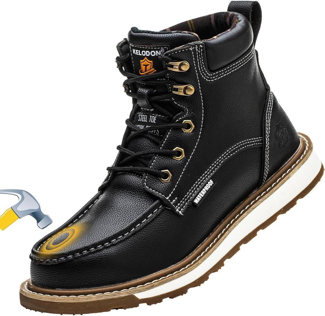 KELODON Waterproof Steel Toe Boots For Men-6" Leather Moc Toe Work Boots Mens Steel Toe Shoes Indestructible Non Slip Resistant Construction Safety Boot Size 13