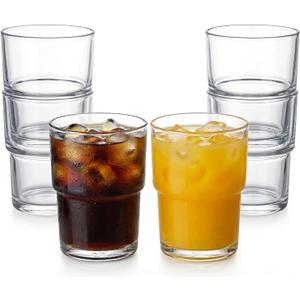 Stackable Drinking Glasses (Set of 6) 13oz Clear Glass Cups for Iced Coffee, Juice & Beer Modern Space Saving Highball Tumblers with Smart Non-Stick Design Heavy Base & Dishwasher Safe