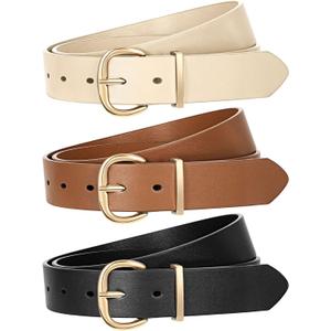 JASGOOD 3 Pack Women Leather Belt for Jeans Pants Gold Buckle Casual Waist Dresses Belt for Ladies (Fit waist size 46"-50", Black+brown+beige)