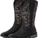 SheSole Wide Calf Cowboy Boots Women Square Toe Western Embroidered Mid Calf Cowgirl Boots, Pull On & Padded Insole Low Heel Fashion Boots for Country Concerts & Work Casual Everyday Style Size 42 (Black)