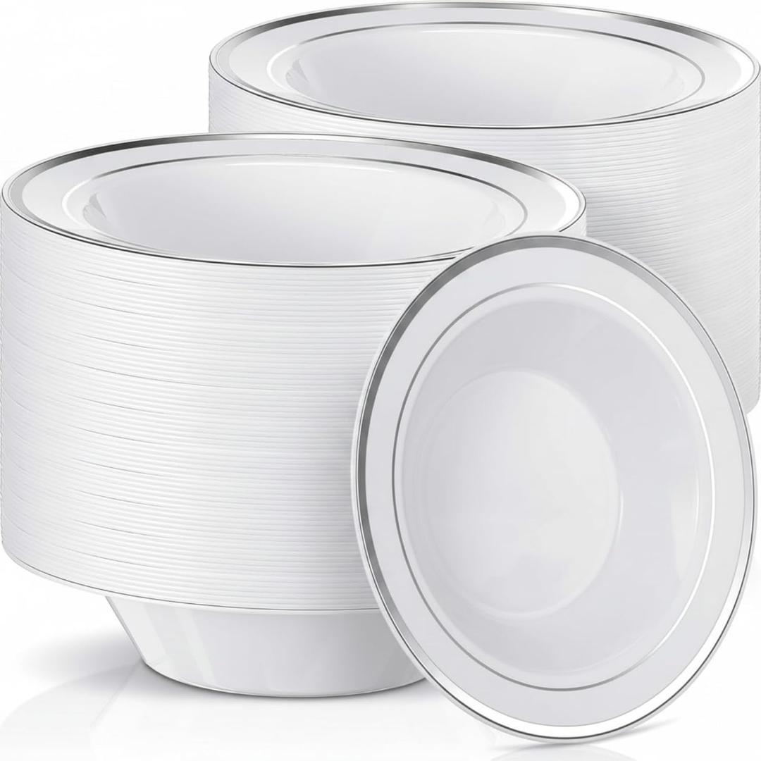 Jinei 150 Pieces 6 oz Plastic Bowls with Rim Small Disposable Soup Bowls for Dessert Salad Soup Candy Wedding Thanksgiving Catering Holidays Party Supplies (White, Silver Rim)