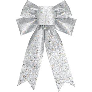 QDTK Christmas Tree Topper Bow Silver Glitter Christmas Bows Sparkly Stars Wreath Bow 13x9 Ribbon Bow for Wreaths Home Front Door Outdoor Xmas New Years Party Decorations