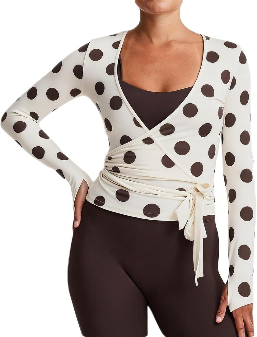 Women Cross Wrap Top Polka Dot Long Sleeve Deep V Neck Tie Workout Ballet Blouse Pilates Yoga Shirt XL