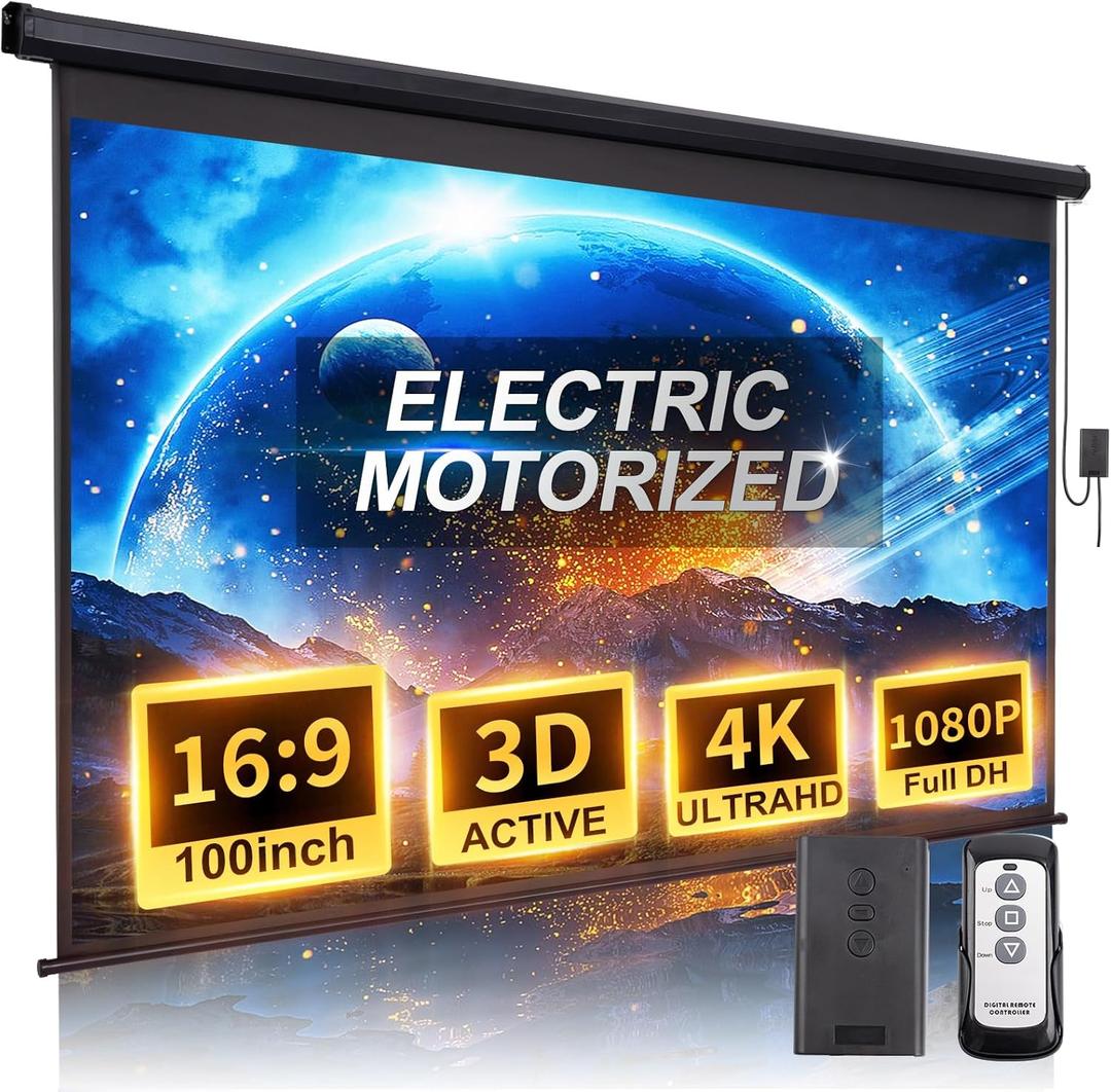 Motorized Projector Screen Pull Down 100 Inch 16:9 HD Automatic Projector Screen with Remote, Electric Retractable Black Projection Screen Portable, Roll Up Movie Screens for Projectors Outdoor Indoor