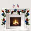 5 ft Red White Blue Flower Garland with Lights for Mantel Patriotic 250th Anniversary 4th of July Garland Decoration Memorial Independence Day Flexible Floral Decor for Door Stair Table