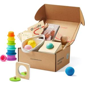Tiny Land Montessori Toy Set for Babies 7-9 Months Senser Play Kit - 5-in-1 Wooden Learning Toys with Object Permanence Box, Sensory Ball, Stacking Cups and Mirror Puzzle, Body Board Book