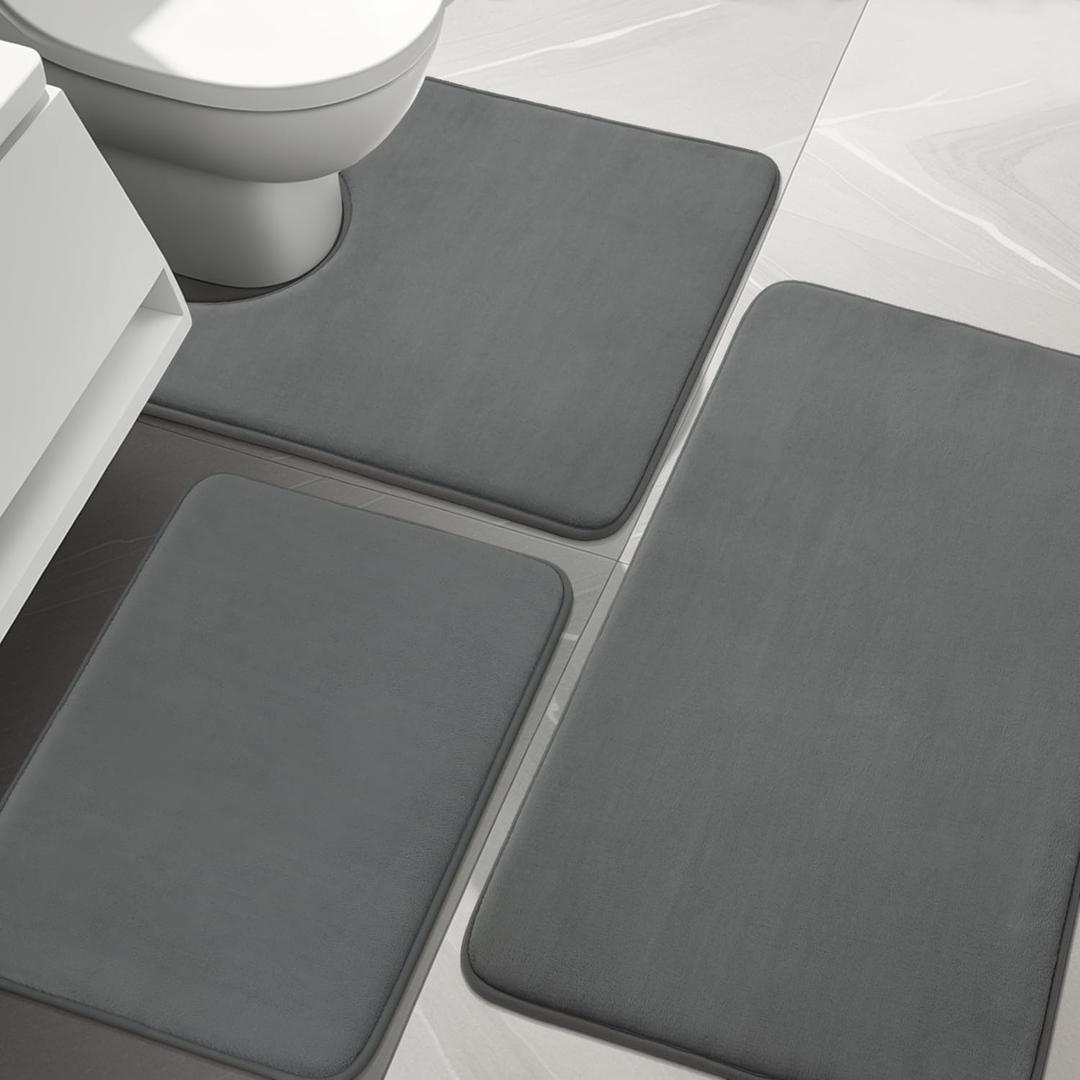 YIHOUSE Bathroom Rug Sets 3 Piece, Memory Foam Bath Mat, Non Slip Super Absorbent Soft Bathroom Mats, Machine Washable Bathroom Floor Mats Sets for Sink,Tub, Shower and Toilet,Dark Grey