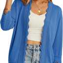 GRECERELLE Women Lightweight Summer Cardigan 3/4 Sleeve Open Front Scalloped Trim Knit Sweater Soft Cropped Bolero Shrug (XX-Large, Sky Blue)