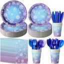 Winter Snowflake Paper Plates and Napkins Set, Blue and Purple Snowflake Winter Wonderland Disposable Tableware for Christmas Winter Holiday New Year Birthday Party Supplies Decorations, Serve 50 