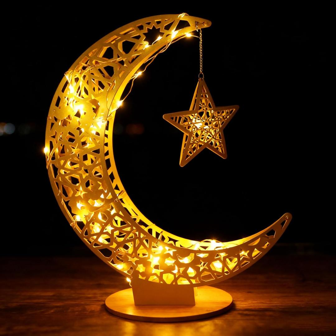 40inch Ramadan Crescent Moon Decor, Gold Ramadan Lamp Eid Decorations for Home, Islamic Decorations for Home, Table, Party