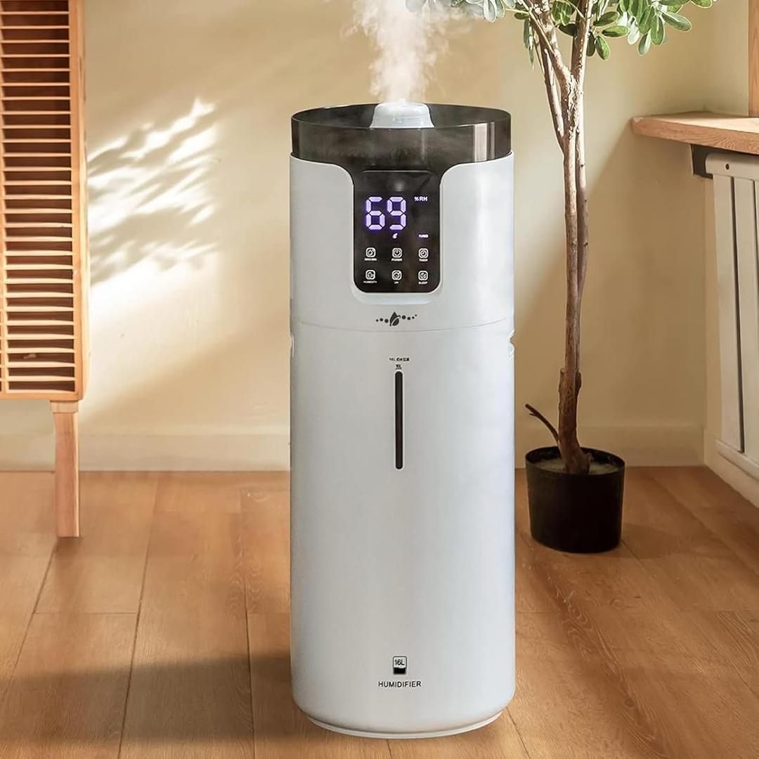 Humidifiers for Home Large Room Wholehouse Humidifier 2000 sq. ft 4.2 Gal 16L, 360 Nozzles Cool Mist Ultrasonic, Top Fill Tower Humidifier for Office Greenhouse with Pipe, Night Light