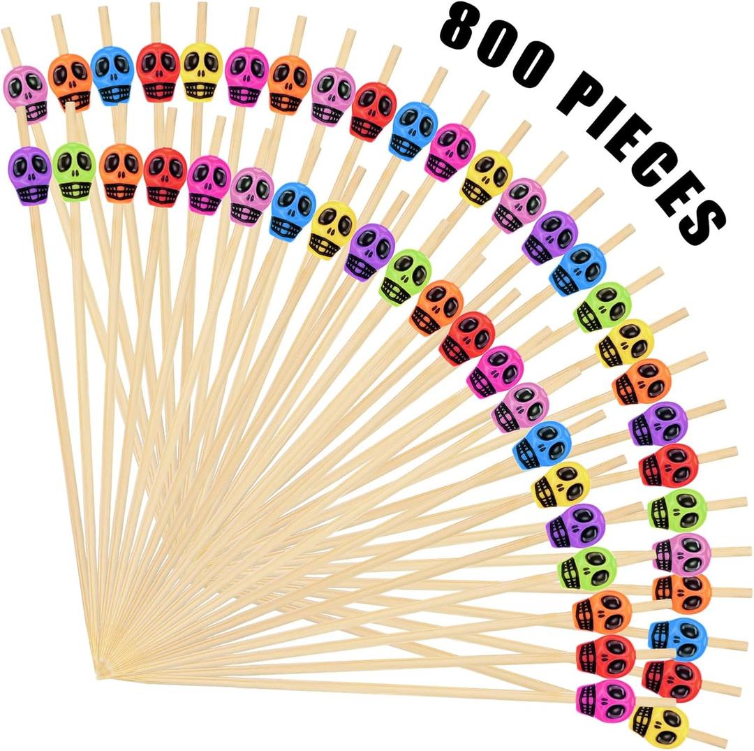 800 Pcs Skull Picks Skull Toothpicks Cocktail Picks for Drinks 4.7 Inch Skewers Sticks Fancy Sandwich Appetizer Bamboo Skewers for Wedding Birthday Party Decorations