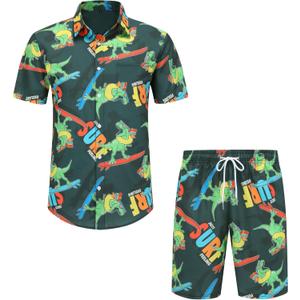 Men's Hawaiian Shirts and Shorts Set 2 Pieces Summer Beach Vacation Casual Button Down Short Sleeve Shirts Outfits (Black)
