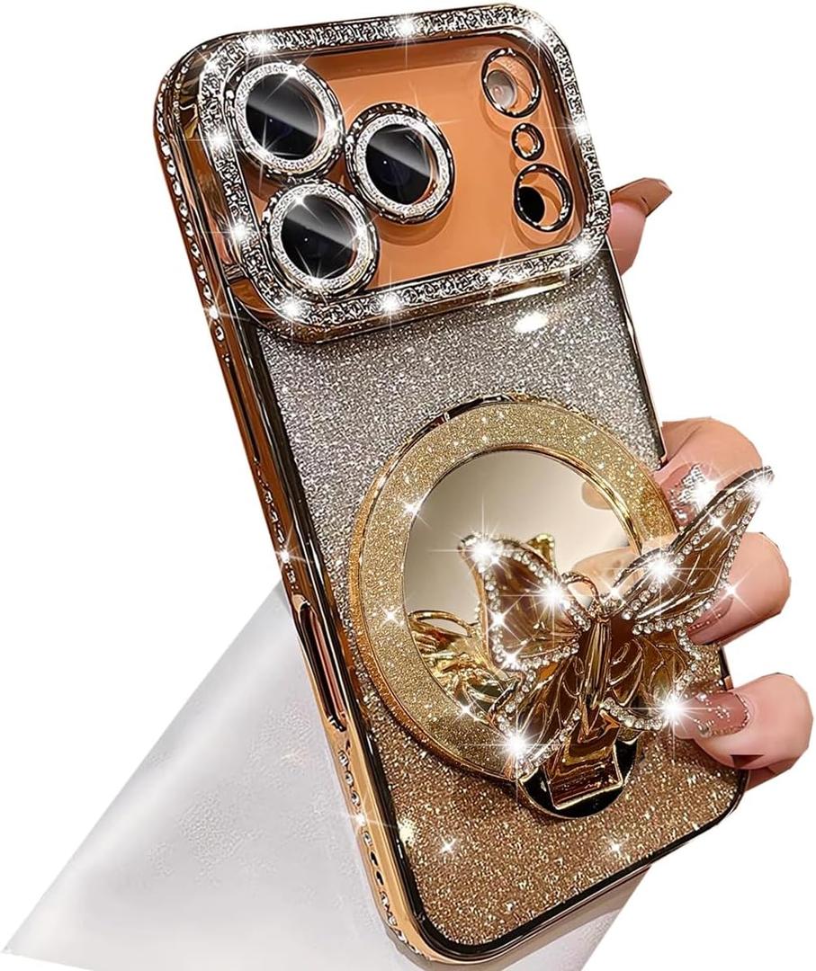 Magnetic Glitter Case for iPhone 17 Pro Max,[Compatible with MagSafe] Bling Sparkly Diamond with Camera Protector&Butterfly Kickstand&Makeup Mirror Women Girls Case for iPhone 17 Pro Max,Gold