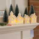 9 Pcs Christmas Village Figurines Sets - 4 Lighted Ceramic Houses with Remote Control & 5 Trees - Christmas Decorations Indoor - White Xmas Holiday Farmhouse Rustic Decor for Home Table Room