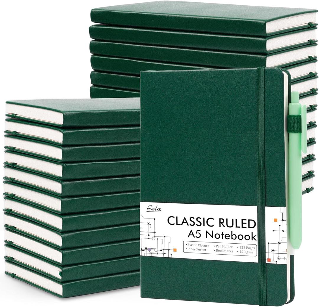 feela 24 Pack Journal Notebook for Work, Business Notebook Bulk Hardcover Lined Writing Journal with Pen Holder for Men Women Note Taking, with 24 Black Pens, 120 GSM, 5.1x8.3, A5, Dark Green