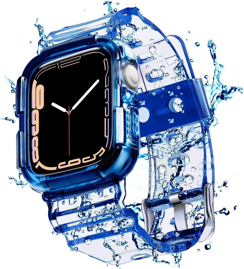 Blingbrione Clear Band Compatible Apple Watch Women 38mm 40mm 41mm 42mm 44mm 45mm 46mm Men,Transparent Jelly Soprt Strap with Cover Case Protector for iWatch Series 10 9 8 7 6 5 4 3 2 1 SE Blue Pink White Fluorescent Green