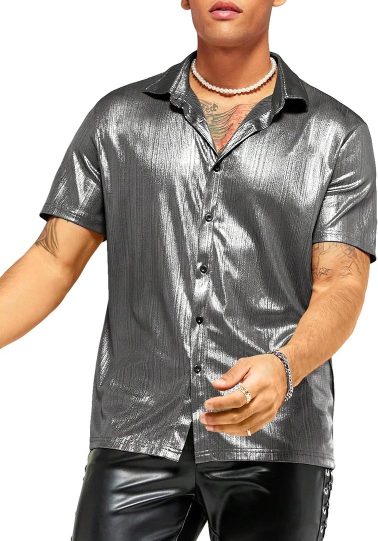WDIRARA Men's Metallic Short Sleeve Stand Collar Shirt Button Front Lapel Neck Tops