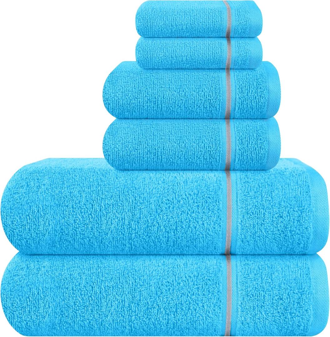 MyOwn Ultra Soft 6 Pack Cotton Towel Set, Contains 2 Bath Towels 28x55 inch, 2 Hand Towels 16x24 inch & 2 Wash Coths 12x12 inch, Ideal Everyday use, Compact & Lightweight - Turquoise Blue