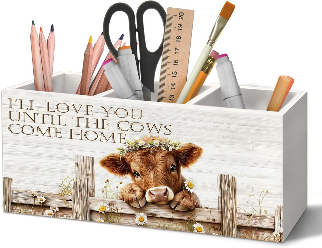 Highland Cow Gifts Pen Holder Organizer for Desk Accessories | I Will Love You Till the Cows Come Home Farmhouse Highland Cow Wooden Box Sign Desk Decorations for Home Bedroom Office Decor