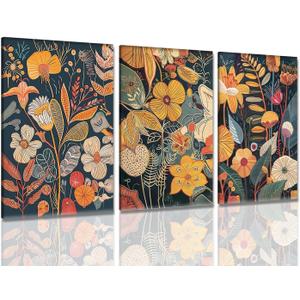 Framed Orange Floral Wall Art Set of 3, Mid Century Modern Pictures Wall Decor, Colorful Boho Canvas Prints, Abstract Flowers Paintings, Botanical Artwork for Living Room Bedroom 16X24 inch