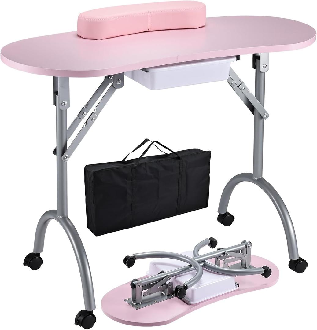 Joligrace Professional Foldable & Portable Manicure Table Nail Technician Desk Workstation 4 Lockable Wheels with Drawer Client Wrist Pad Free Carrying Bag Travel Nail Tech Spa Beauty Table Pink