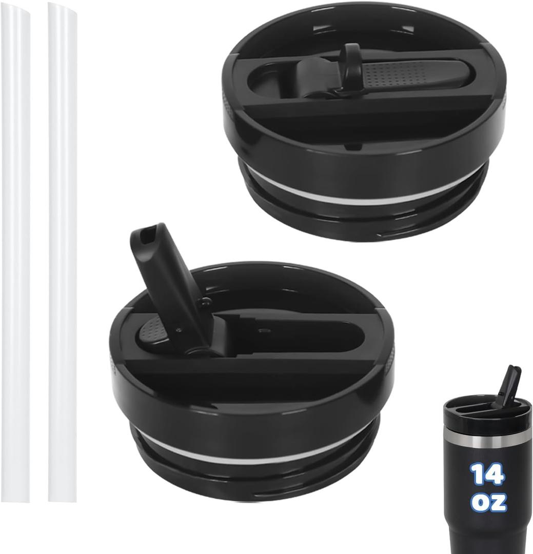 2 PACK 14 Oz Leak Splash Proof Lid, 14 Oz Tumbler Detachable Flip Straw Lid Replacement Accessories, Reusable Spill Proof Screw on Flip Straw Tumbler Cover (Black)