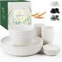 Wrova Wheat straw bowl and plate sets of 16 with cups - Unbreakable plastic dinnerware sets for kitchen - Microwave and Dishwasher safe dishes for kitchen,camping,indoors and out doors. White