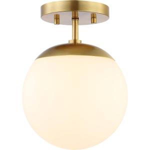JONATHAN Y 7.75" Brass Gold Modern Semi Flush Mount Ceiling Light, LED Fixture for Entryway, White Frosted Glass Globe Shade, Mid-Century Farmhouse Lighting for Bedroom Hallway JYL7499A