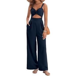 AGERWAY Womens Summer Jumpsuits Dressy Sexy V Neck Twist One Piece Outfits Sleeveless Casual Wide Leg Long Pant Rompers, Blue, Size S