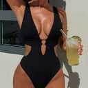 Women Sexy High Cut Cheeky One Piece Swimsuits Monokini Plunge V Neck Cutout Bathing Suit Beach Pool Party Rave Outfits (Black, L)