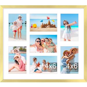 DecorUhome 15x17 Picture Frames Collage Wall Decor, Display 7Pcs 4x6 Photos with Mat or 1Pcs 15x17 Unmatted, 7 4x6 Collage Picture Frames for Wall Mounting, Gold