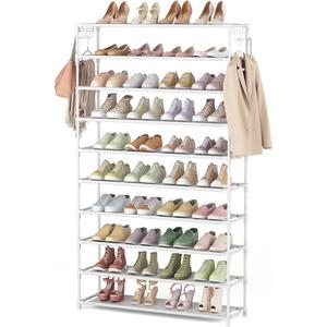 - LANTEFUL 10 Tiers Shoe Rack 50 Pairs Large Capacity Tall Shoe Organizer Sturdy Shoe Storage with Two Hooks Space Saving Metal Wide Shoe Rack for Closet, Entryway, Bedroom, White