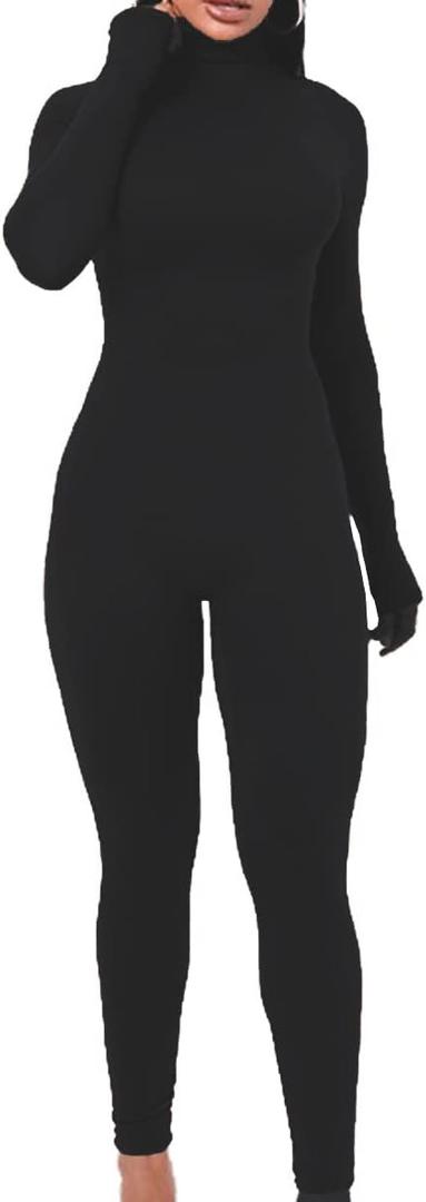 YIMISAN Women's Long Sleeve One Piece Bodycon Leggings Jumpsuits High Neck Sexy Tights Outfit Long Sleeve Rompers (Medium, Black)