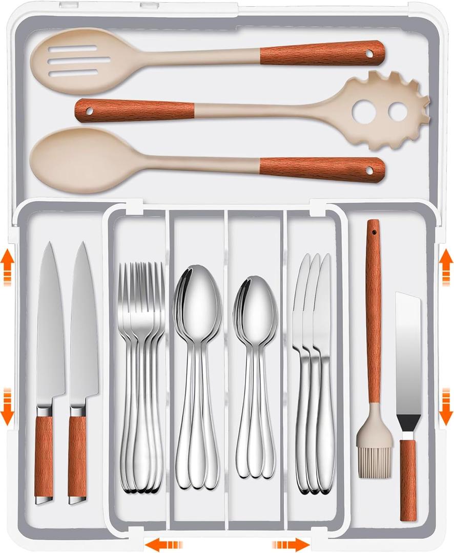 Silverware Organizer - Expandable Kitchen Drawer Organizer, BPA-Free Food-Safe Utensil Drawer Organizer with 7 Compartments, Deep Cutlery Tray for Forks, Knives, White (M(9.5-15.2"W x 12.6-19"D))