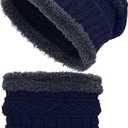 2 Pcs Winter Hat Mens Beanie Knit Neck Warmer Fleece Lined Beanie Warm Neck Gaiter Face Warmer Skull Cap for Men (Blue)